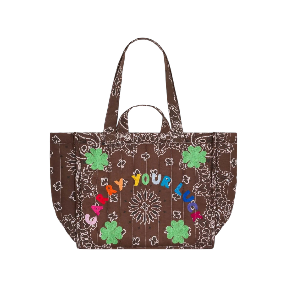 The Tiny Finch Moyen Cabas brown quilted tote bag with Carry Your Luck embroidery and green clover motifs.