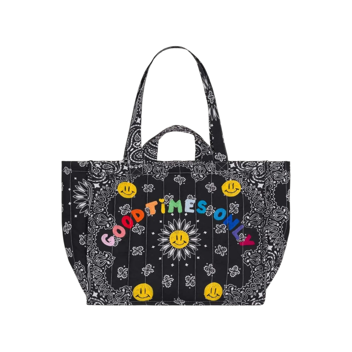 The Tiny Finch black quilted tote bag with bandana print, smiley face embroidery, and Good Times Only text.