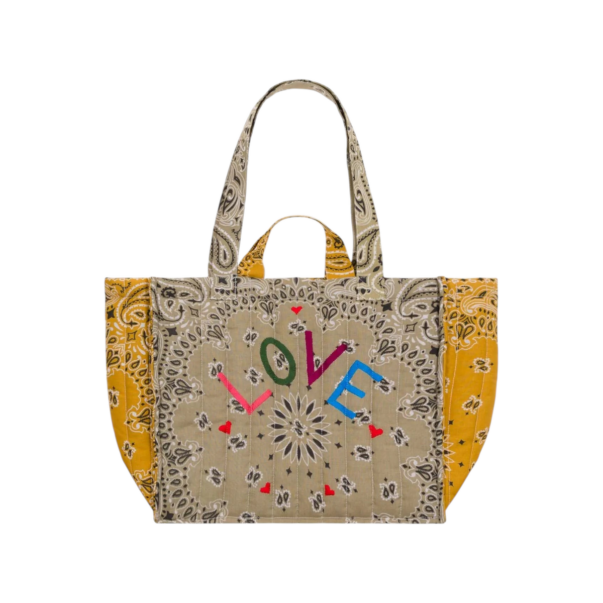 The Tiny Finch Moyen Cabas Love tote bag in beige with quilted paisley bandana print and colorful embroidered text.