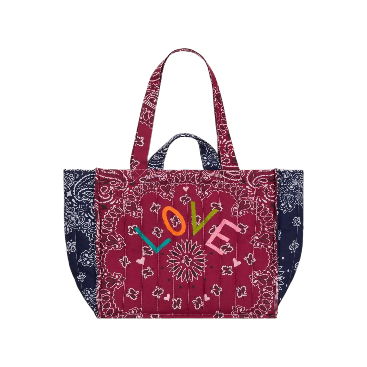 The Tiny Finch Moyen Cabas Love tote bag in bordeaux with quilted paisley bandana print and colorful embroidery.