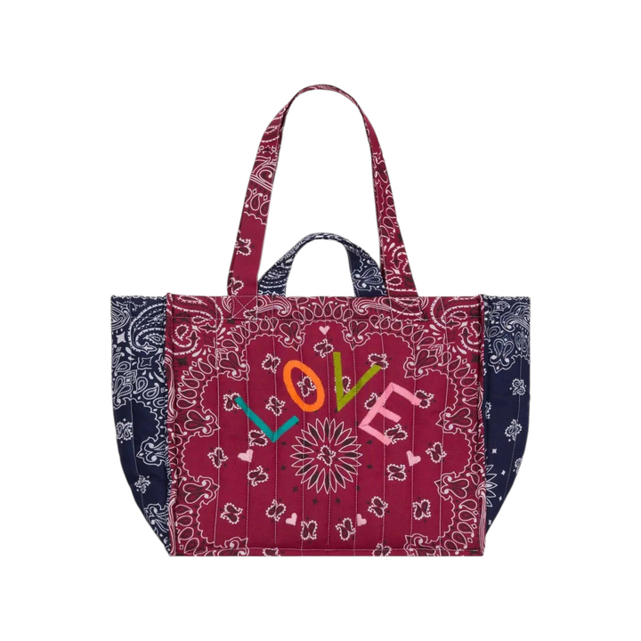 The Tiny Finch Moyen Cabas Love tote bag in bordeaux with quilted paisley bandana print and colorful embroidery.