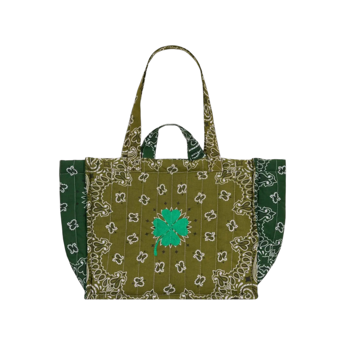 The Tiny Finch Moyen Cabas Trefle bronze quilted tote bag with green clover embroidery and bandana print pattern.