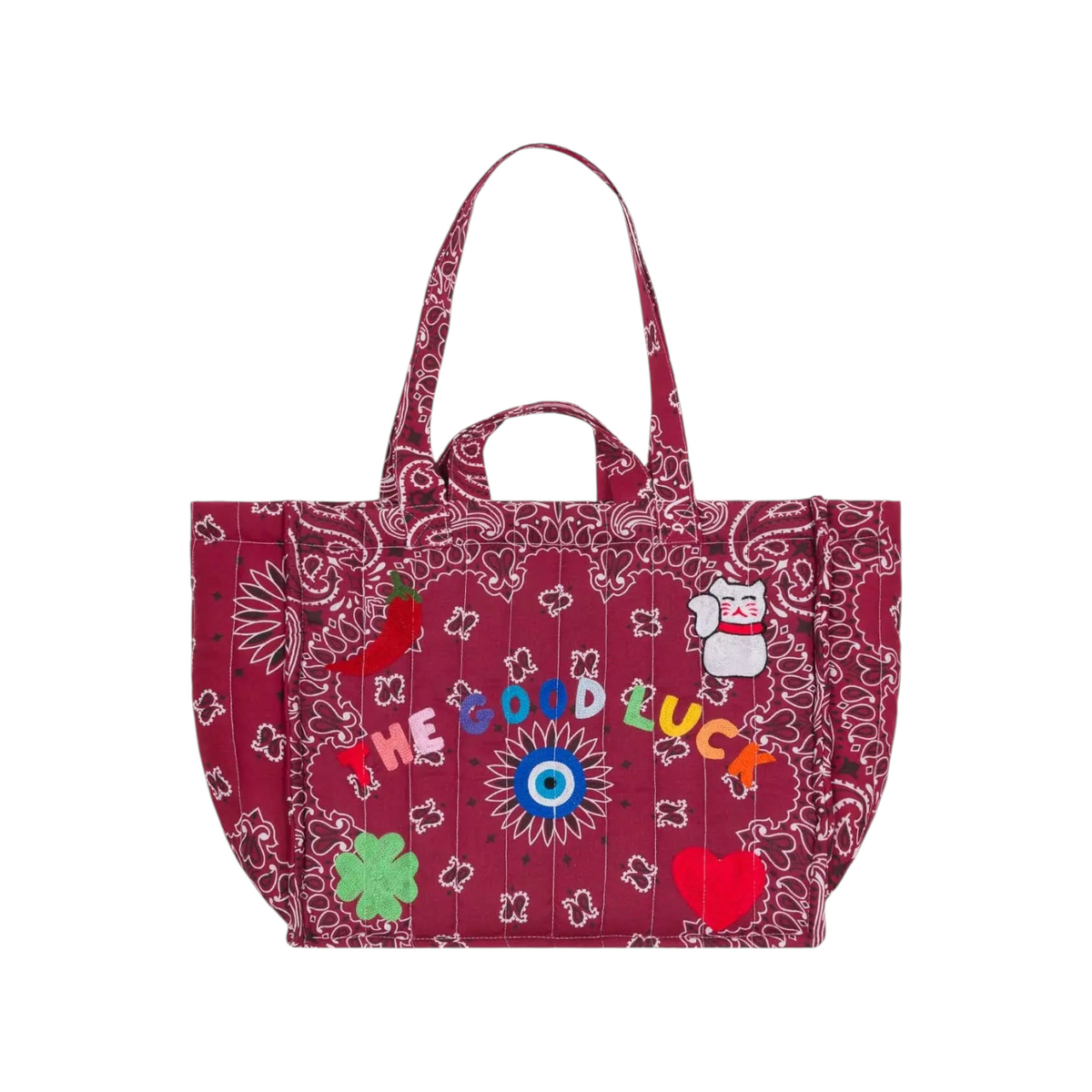 The Tiny Finch Moyen Cabas quilted bordeaux tote bag with embroidered lucky charms and bandana print pattern