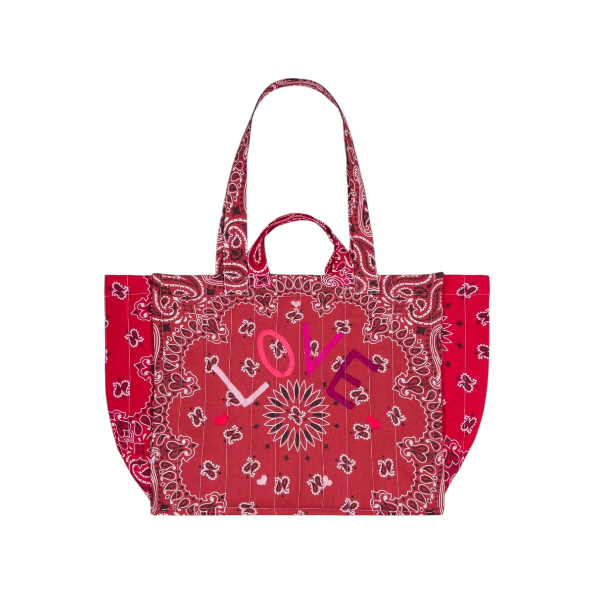 The Tiny Finch Moyen Cabas Love tote in vintage red quilted fabric with paisley print and embroidered LOVE lettering.