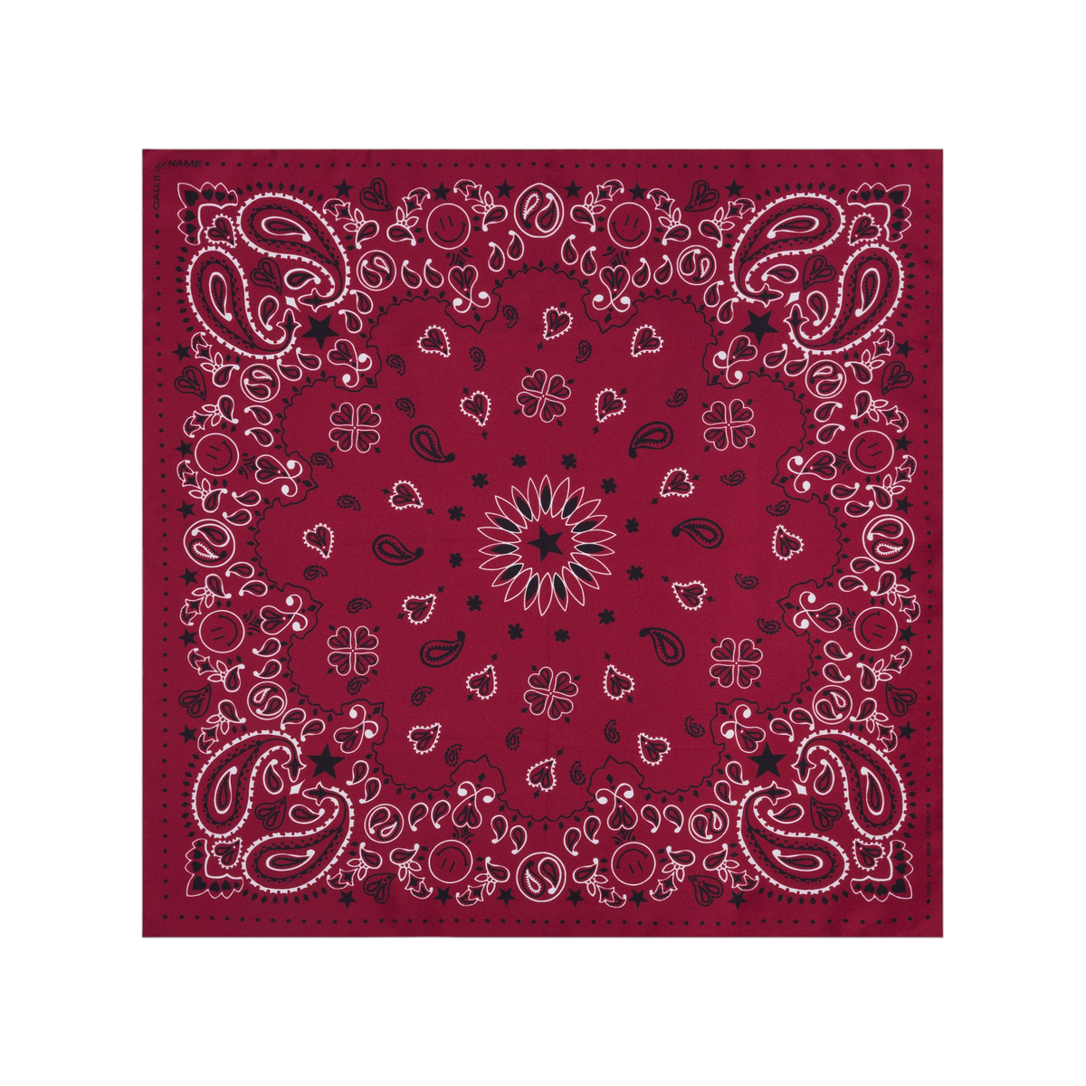 The Tiny Finch bordeaux silk bandana featuring a white paisley and star pattern in a square 25.6 inch format.