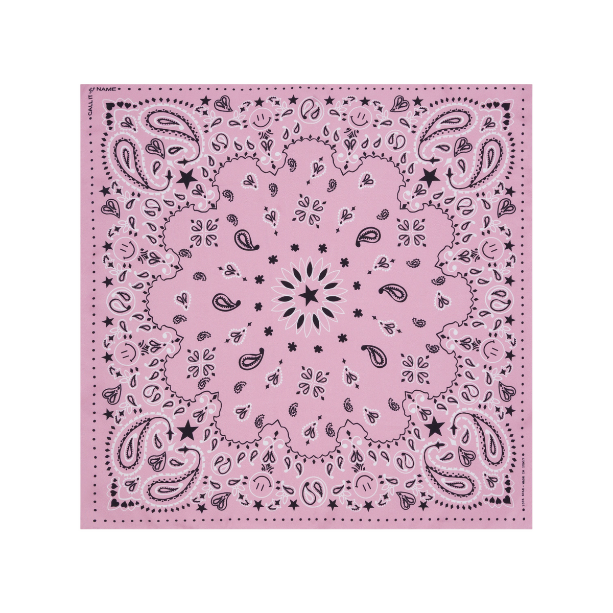 The Tiny Finch pink silk bandana featuring a black paisley and star print pattern, square shape, made in Italy.