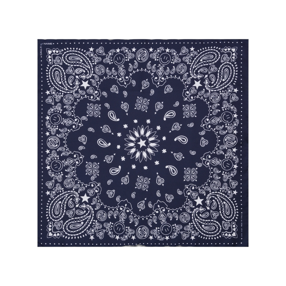 The Tiny Finch navy blue silk bandana featuring a white star and paisley print pattern, made in Italy.