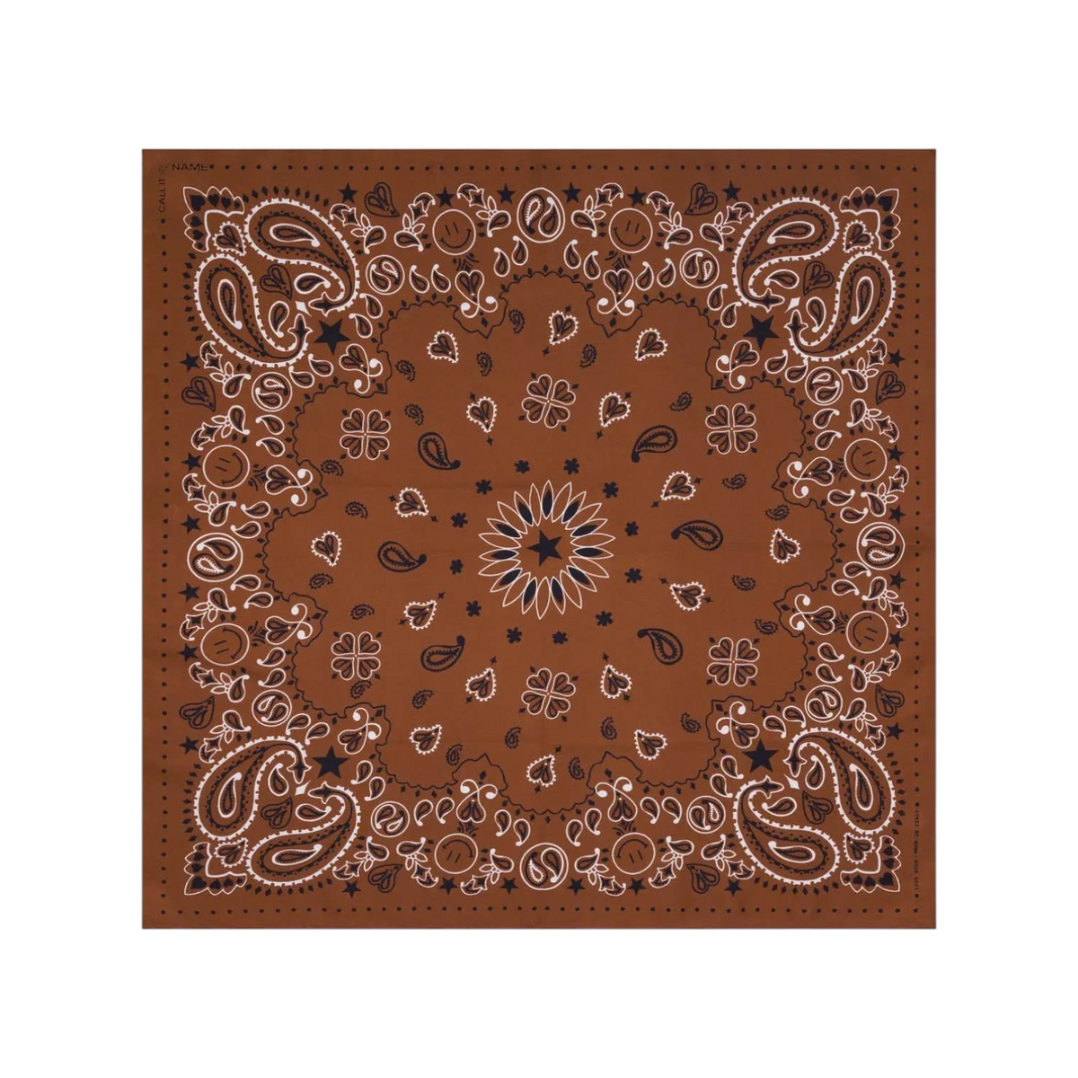 The Tiny Finch biscuit brown silk bandana with white paisley and star print, square shape, made in Italy.