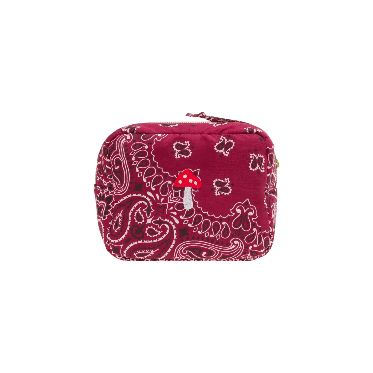 The Tiny Finch rectangular toiletry bag in bordeaux paisley print with a small embroidered red mushroom motif
