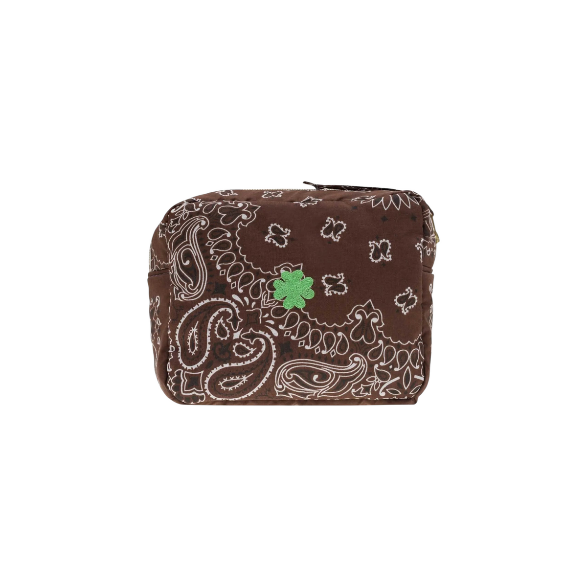 The Tiny Finch brown rectangular toiletry bag with white paisley print and a green embroidered clover detail.
