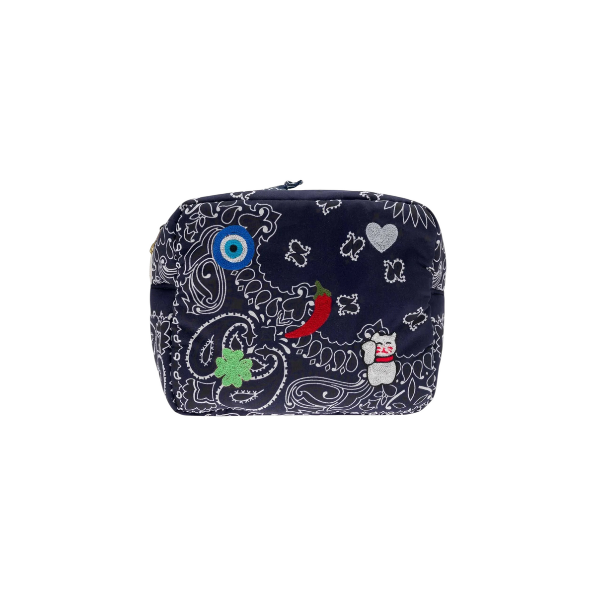 The Tiny Finch navy rectangular toiletry bag with white paisley print and embroidered emoji patches and gold zip.