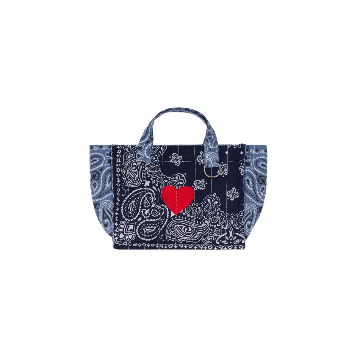 The Tiny Finch navy quilted mini tote bag with white paisley print and a red embroidered heart detail.