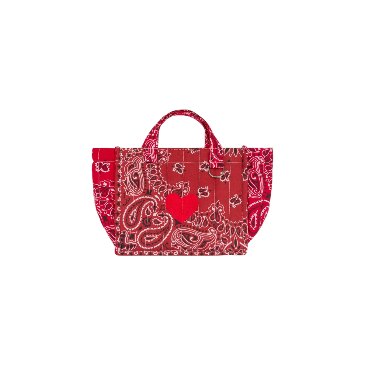 The Tiny Finch mini quilted tote bag in vintage red paisley print with a central heart embroidery and two handles.