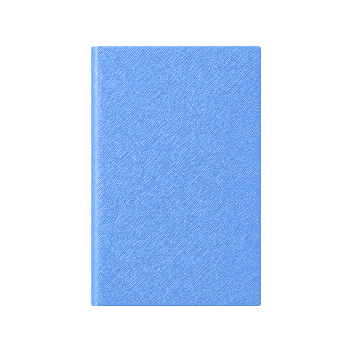 The Tiny Finch blue Panama pocket notebook in crossgrain lambskin leather, viewed from the front.
