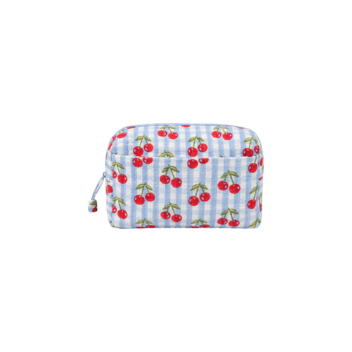 The Tiny Finch medium makeup bag in blue gingham cotton with a red cherry block print and external zip pocket.