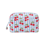 The Tiny Finch large cotton makeup bag featuring a blue gingham pattern with a red cherry block print design.