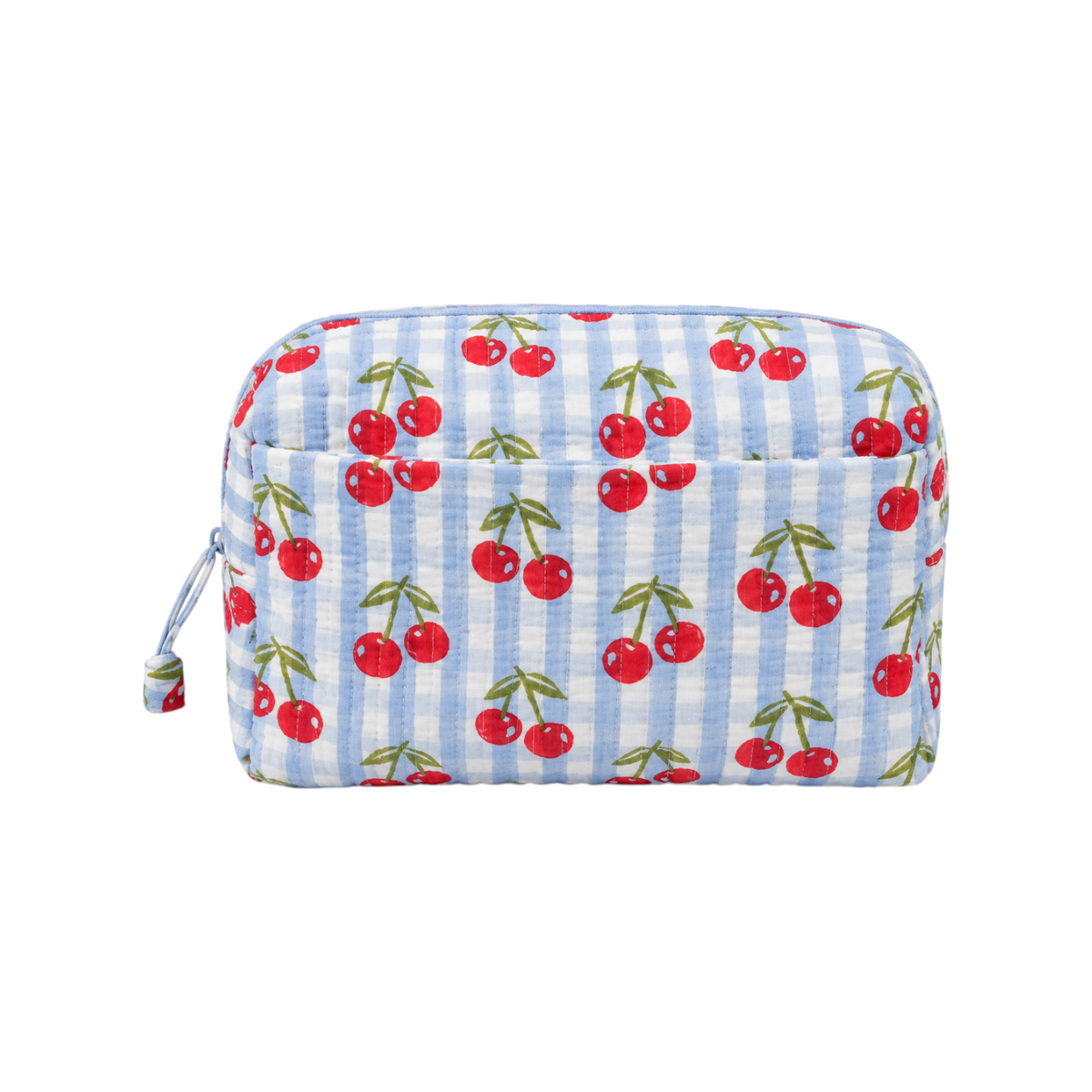 The Tiny Finch large cotton makeup bag featuring a blue gingham pattern with a red cherry block print design.
