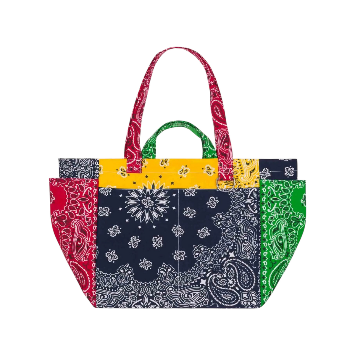 The Tiny Finch Sac Picnic Quadricolor tote bag featuring a vibrant multi-colored bandana print and multiple pockets.