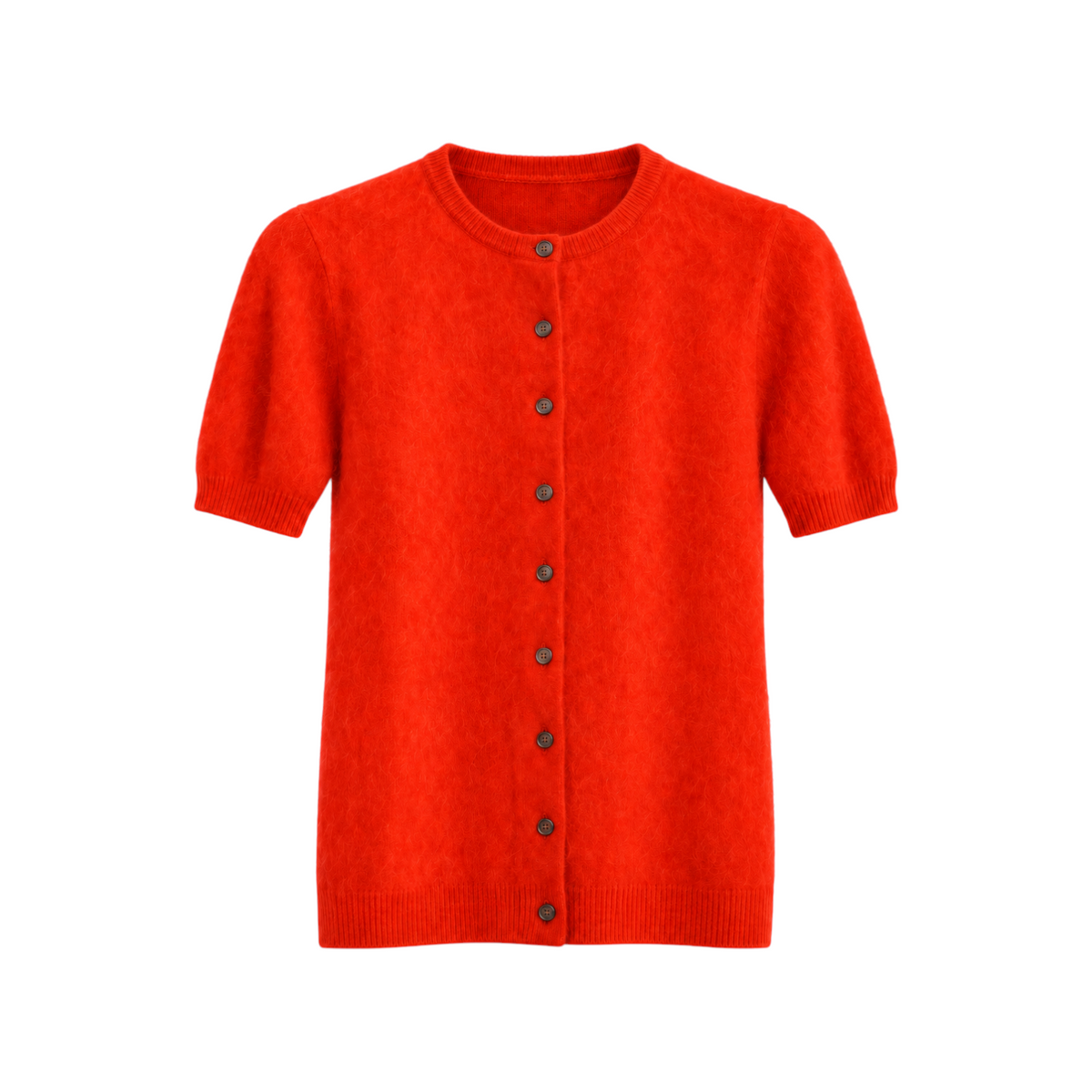 The Tiny Finch Tee Cardi in spicy red brushed cashmere with short sleeves and a button-front closure.