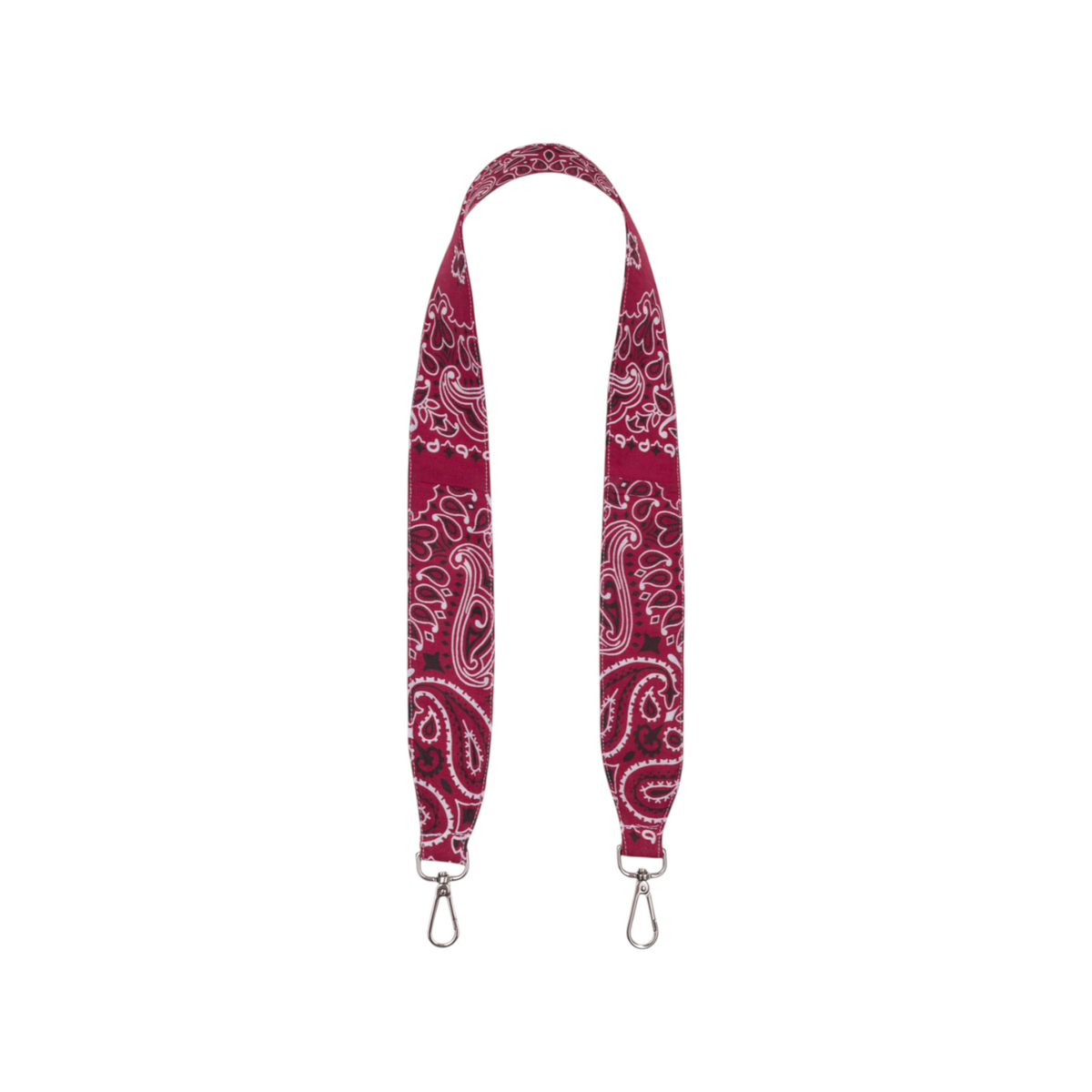 The Tiny Finch bordeaux red paisley print fabric purse strap with silver metal swivel clips for bag customization.