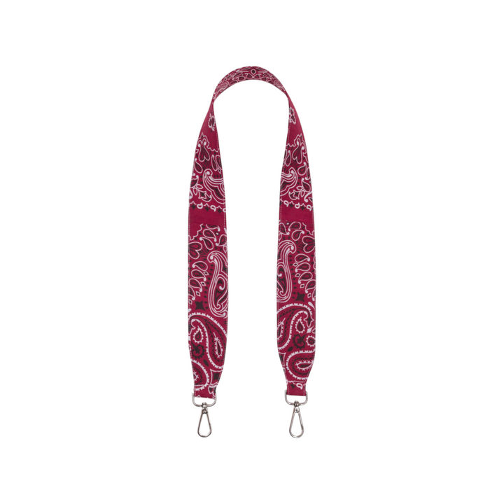 The Tiny Finch bordeaux red paisley print fabric purse strap with silver metal swivel clips for bag customization.