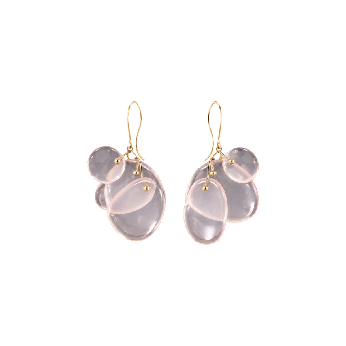 The Tiny Finch rose quartz mobile earrings featuring hand-cut pink stones on 18k gold ear wires and delicate castings.