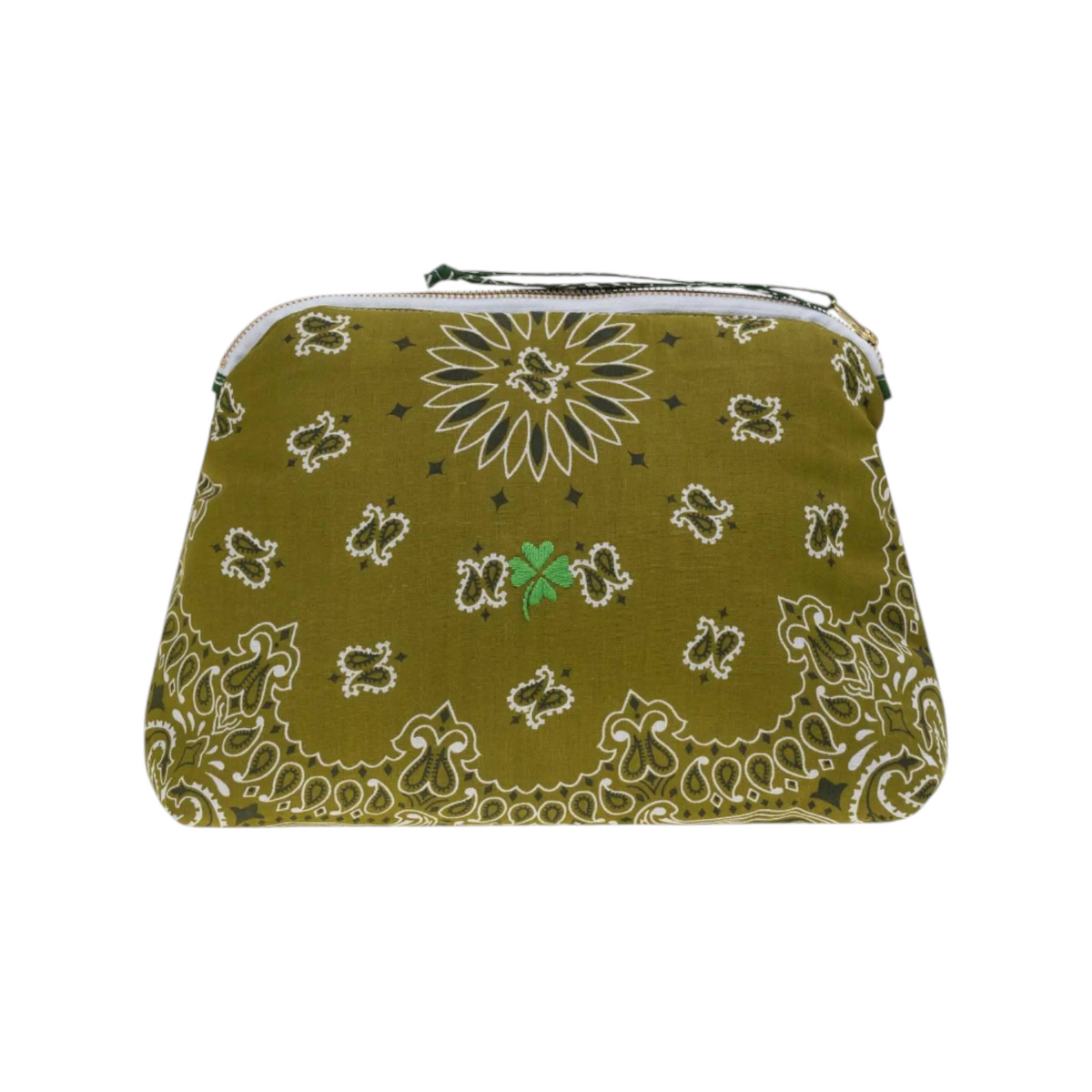 The Tiny Finch Vanity Large Trefle bronze pouch featuring a green bandana print with a small embroidered clover.
