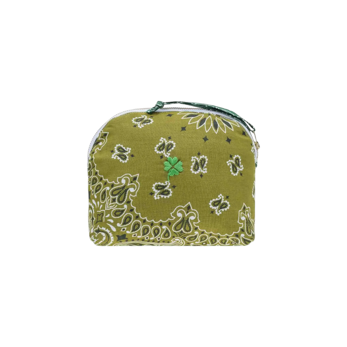 The Tiny Finch Vanity Small Trèfle Bronze cosmetic bag in olive green bandana print with embroidered clover detail