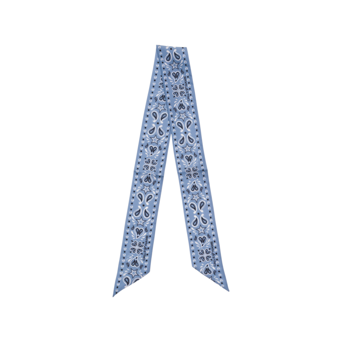 The Tiny Finch Twilly Chambray mini silk scarf in light blue with a hand-drawn paisley and star pattern.