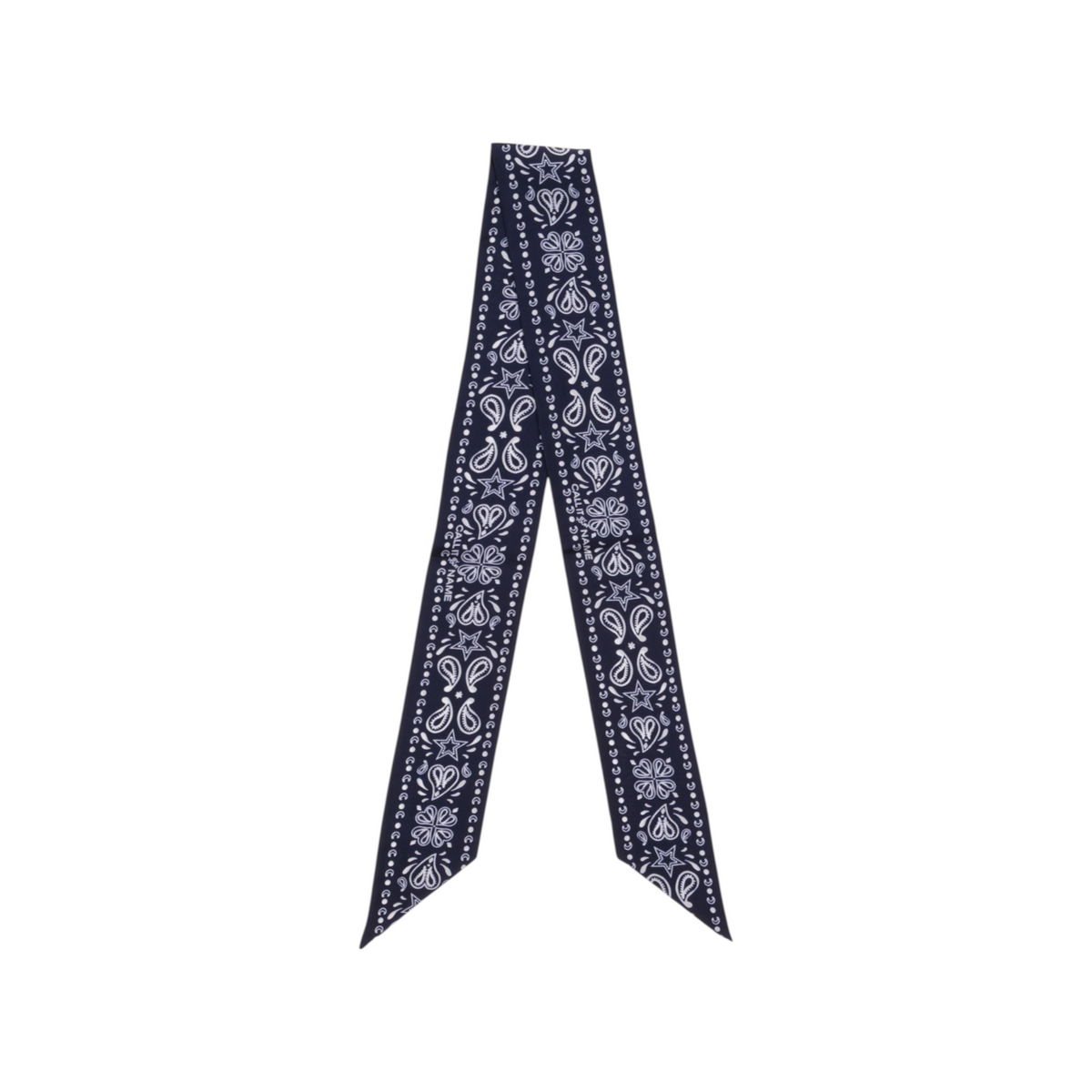 The Tiny Finch navy silk twilly scarf featuring a white hand-drawn paisley and star pattern, made in Italy.