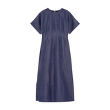 The Tiny Finch Wailea blueberry ankle-length dress in a cotton-linen blend with wide short sleeves and side pockets.