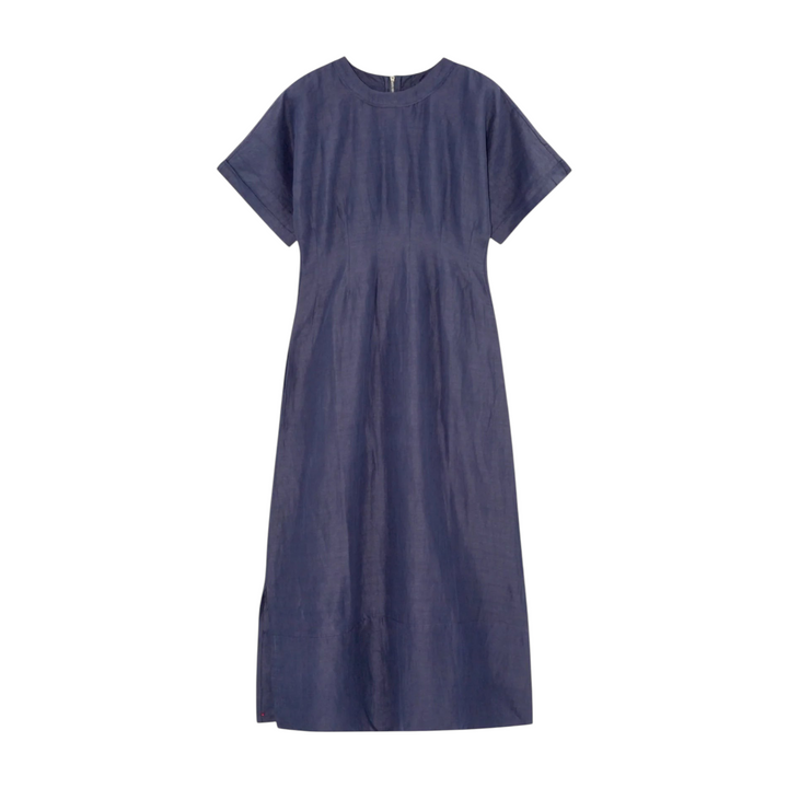 The Tiny Finch Wailea blueberry ankle-length dress in a cotton-linen blend with wide short sleeves and side pockets.