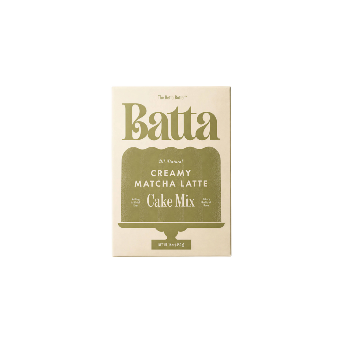 The Tiny Finch Batta Creamy Matcha Latte cake mix box in a minimalist sage green and cream packaging design.