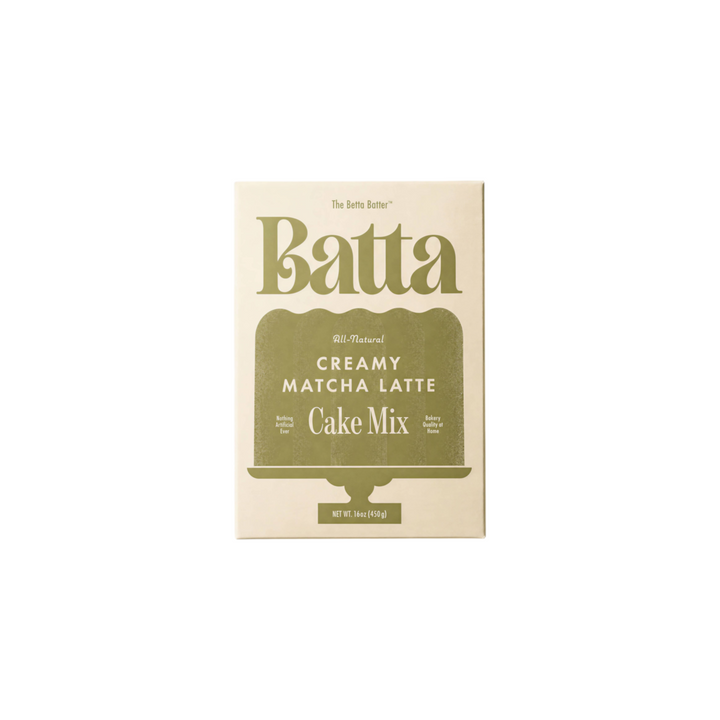 The Tiny Finch Batta Creamy Matcha Latte cake mix box in a minimalist sage green and cream packaging design.