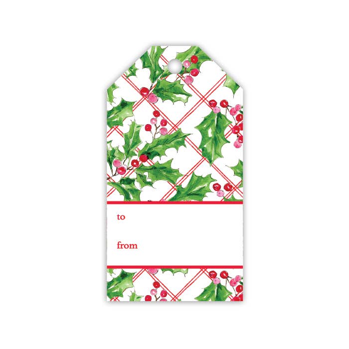Holly Sprigs with Berries on Red Trellis Background Gift Tag