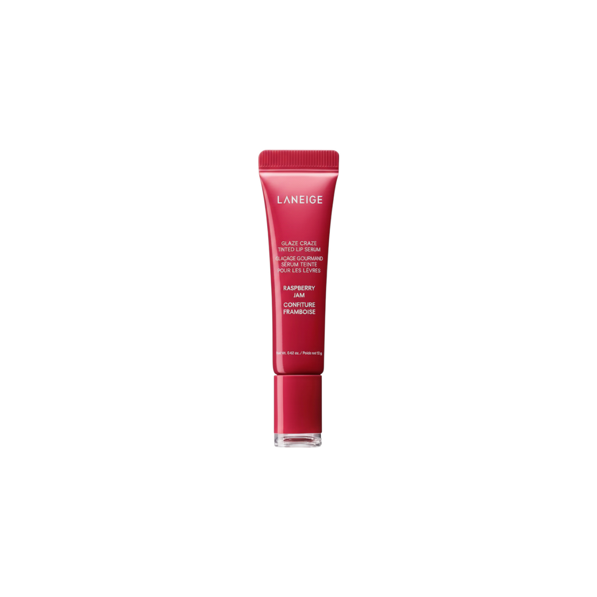 The Tiny Finch Laneige Glaze Craze Raspberry Jam tinted lip serum in a vibrant red squeeze tube for plump lips.