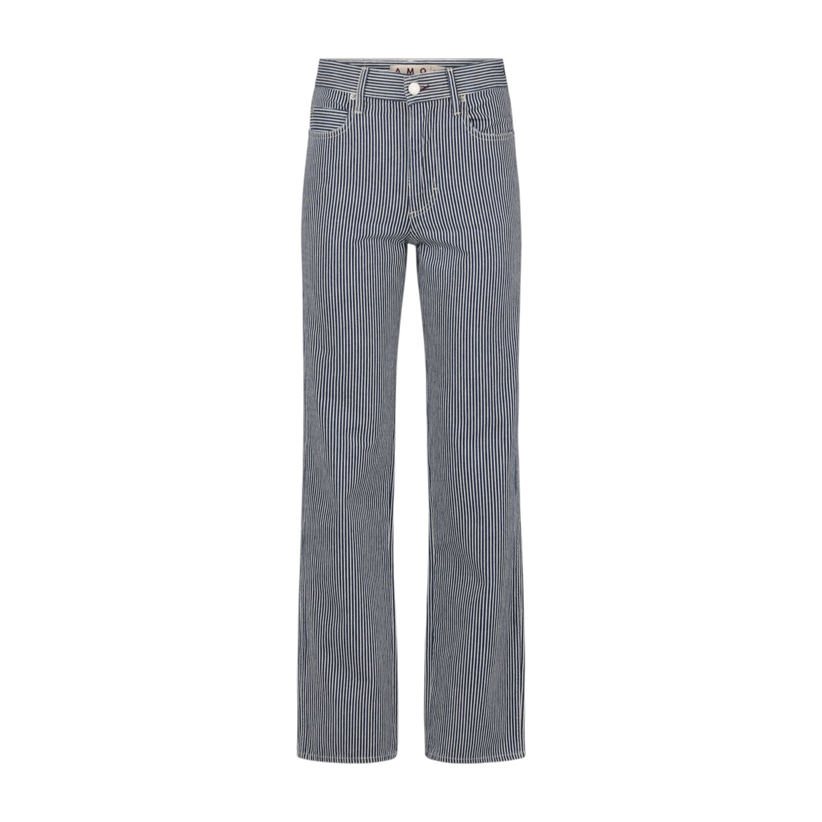 The Tiny Finch Annette Detour high-rise straight leg jeans in navy and white vertical pinstripe denim