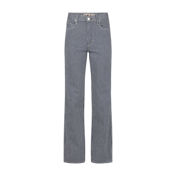The Tiny Finch Annette Detour high-rise straight leg jeans in navy and white vertical pinstripe denim