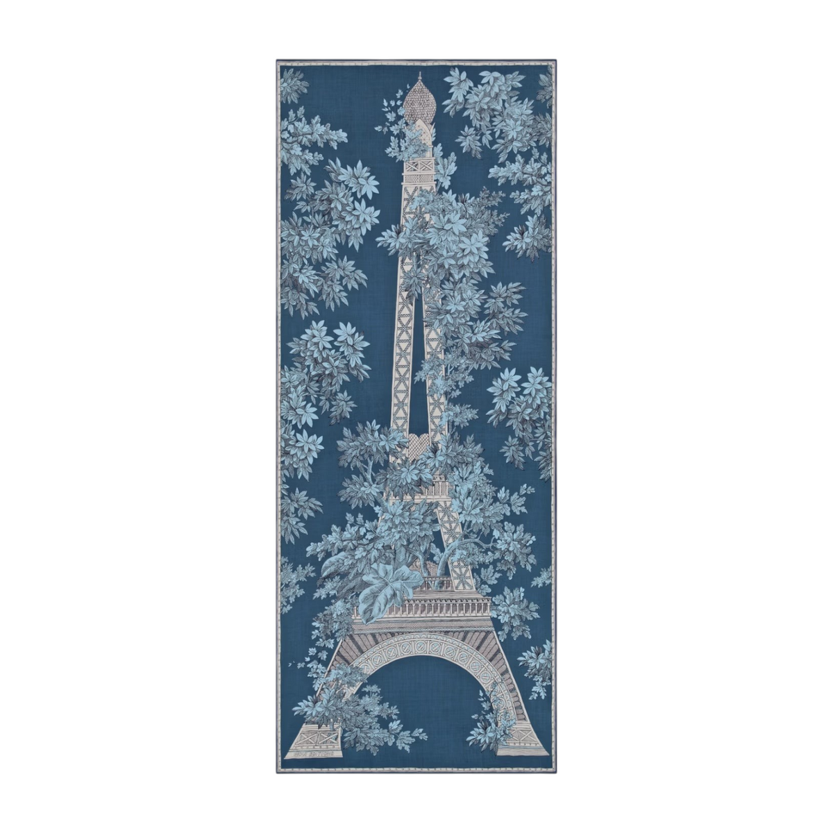 The Tiny Finch 1889 blue wool scarf featuring an Eiffel Tower toile de Jouy botanical print.