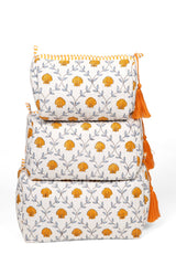 Seashell Blockprint Makeup Bag - Orange: Set of 3