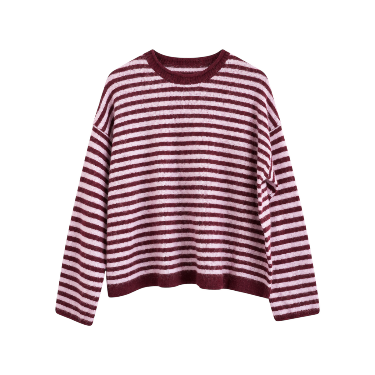 The Tiny Finch Zaya Pullover in a lilac and dark maroon striped knit pattern with a relaxed fit and crew neckline.