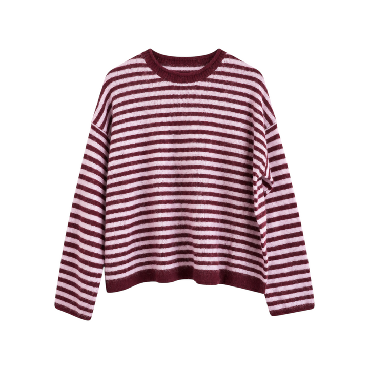 The Tiny Finch Zaya Pullover in a lilac and dark maroon striped knit pattern with a relaxed fit and crew neckline.