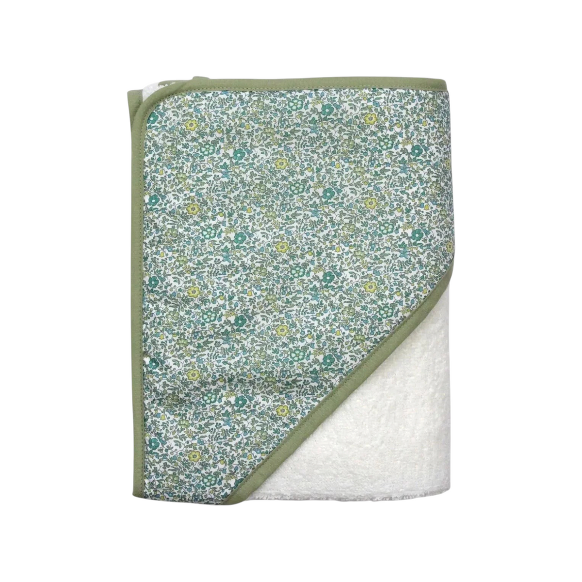 The Tiny Finch Andrea baby bath towel with white cotton sponge and green floral Liberty fabric hood and trim.