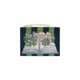The Tiny Finch navy and green striped cotton pouch featuring an embroidered open book, flowers, and building design.