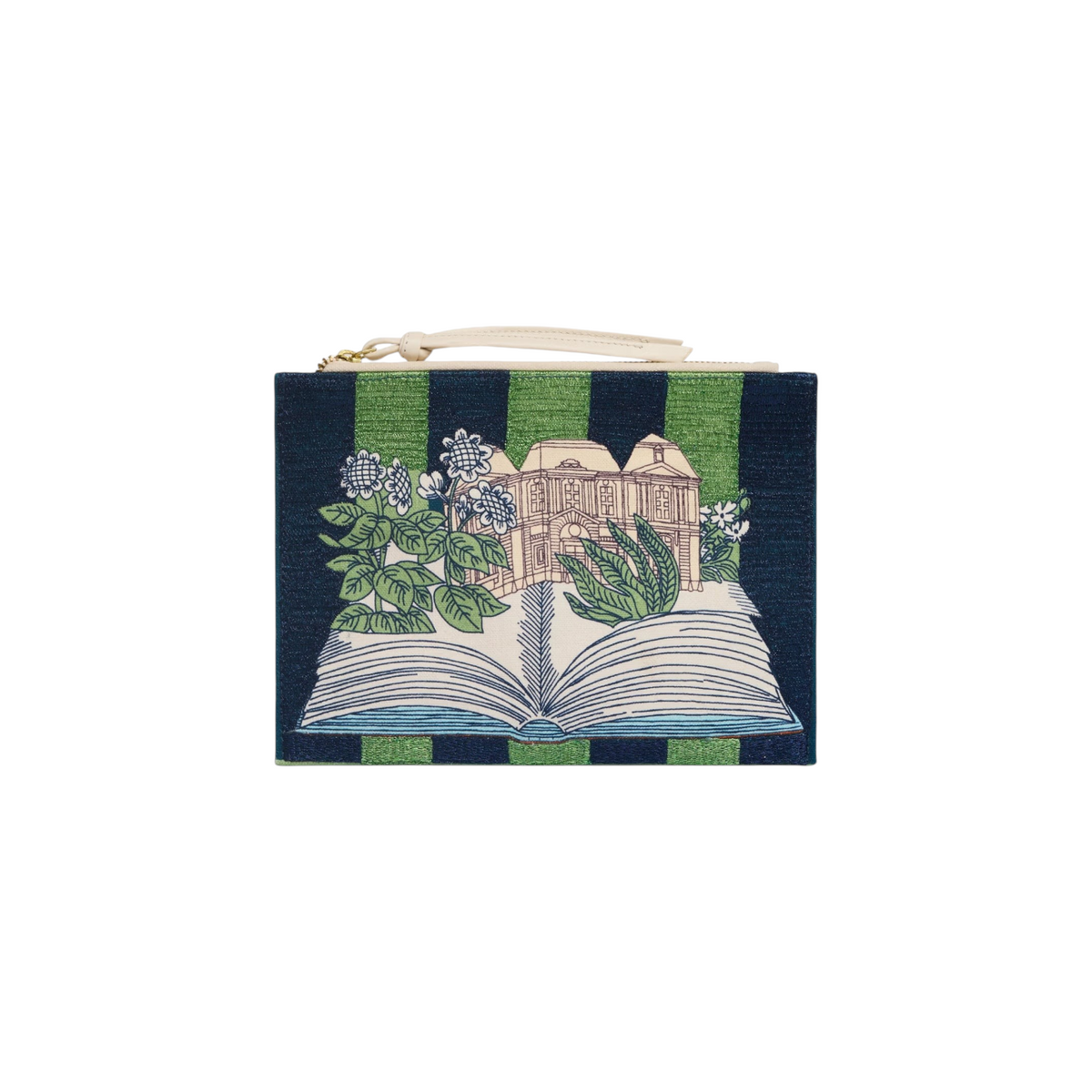 The Tiny Finch navy and green striped cotton pouch featuring an embroidered open book, flowers, and building design.