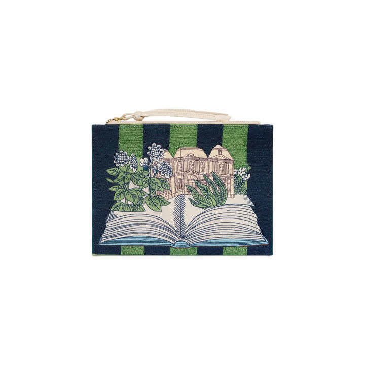 The Tiny Finch navy and green striped cotton pouch featuring an embroidered open book, flowers, and building design.