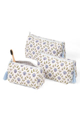 Seashell Block Print Makeup Bag in Blue: Set of 3