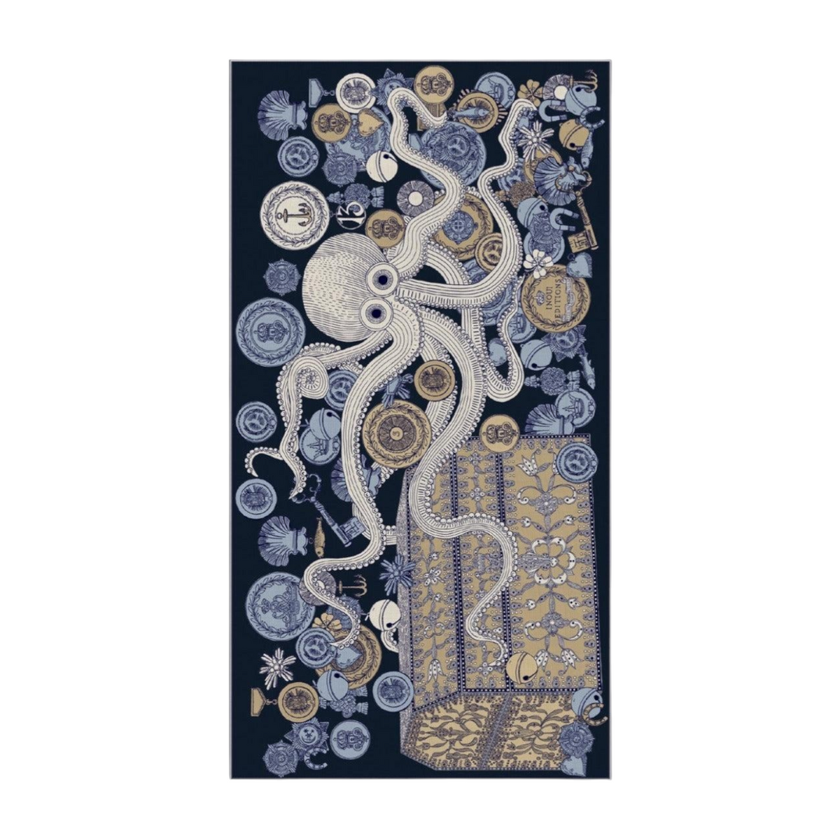 The Tiny Finch navy blue scarf featuring a detailed octopus illustration surrounded by treasure chest and coins.