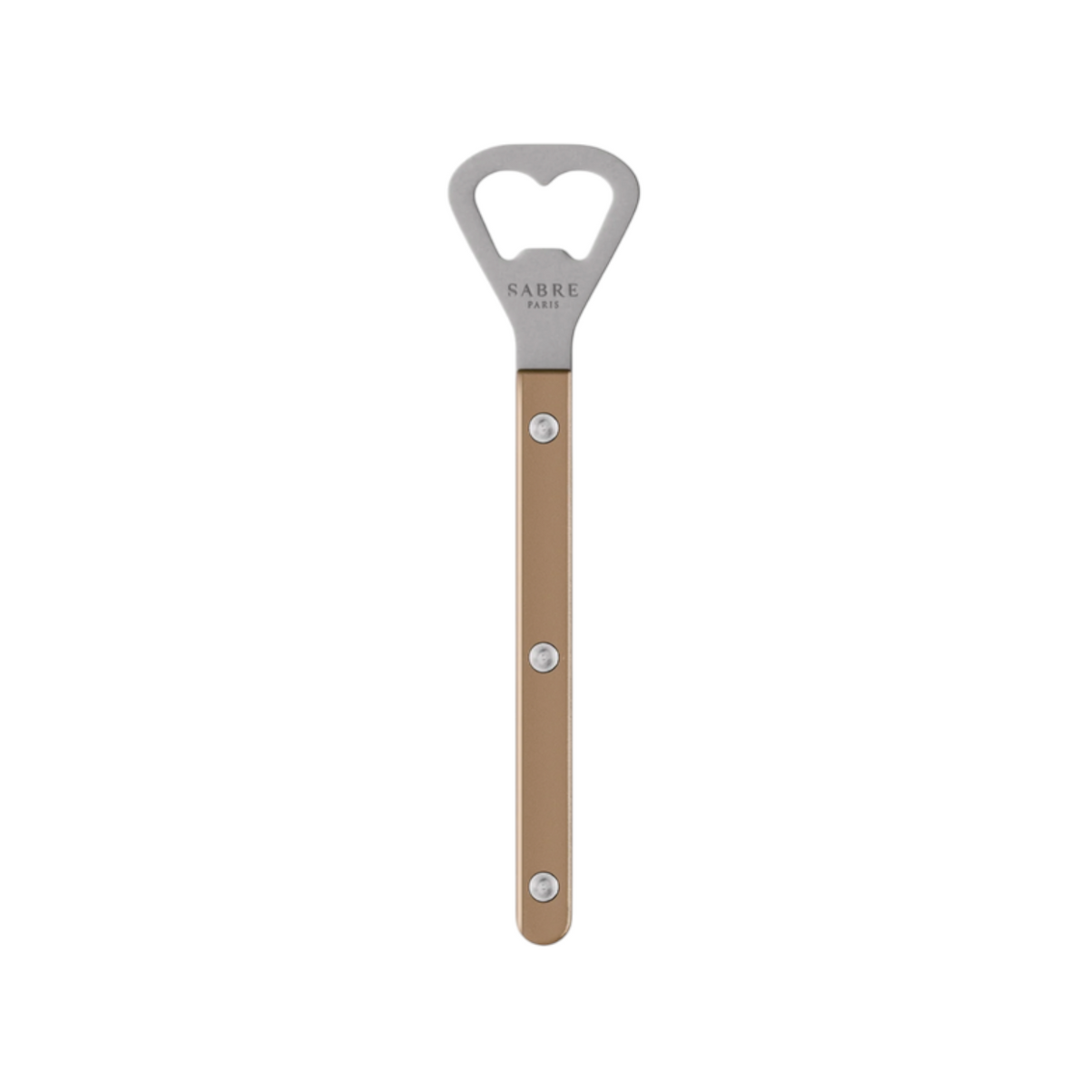 The Tiny Finch Bistro bottle opener in caramel with a stainless steel head and pearly nylon handle.