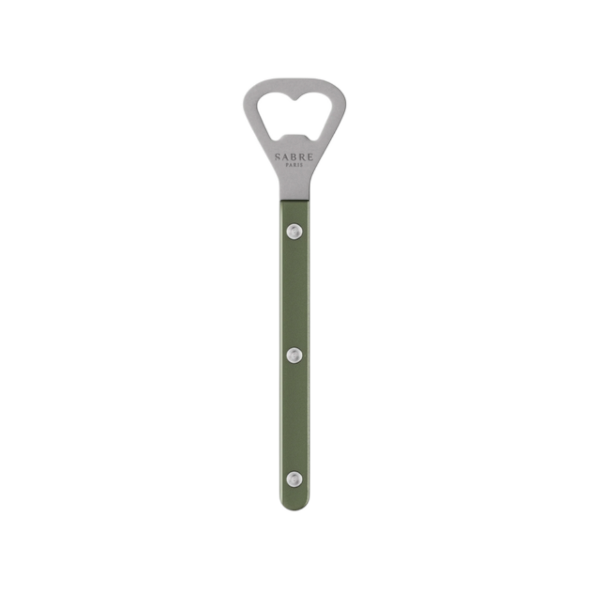 The Tiny Finch Bistro bottle opener in dark green with a stainless steel head and nylon handle by Sabre Paris.